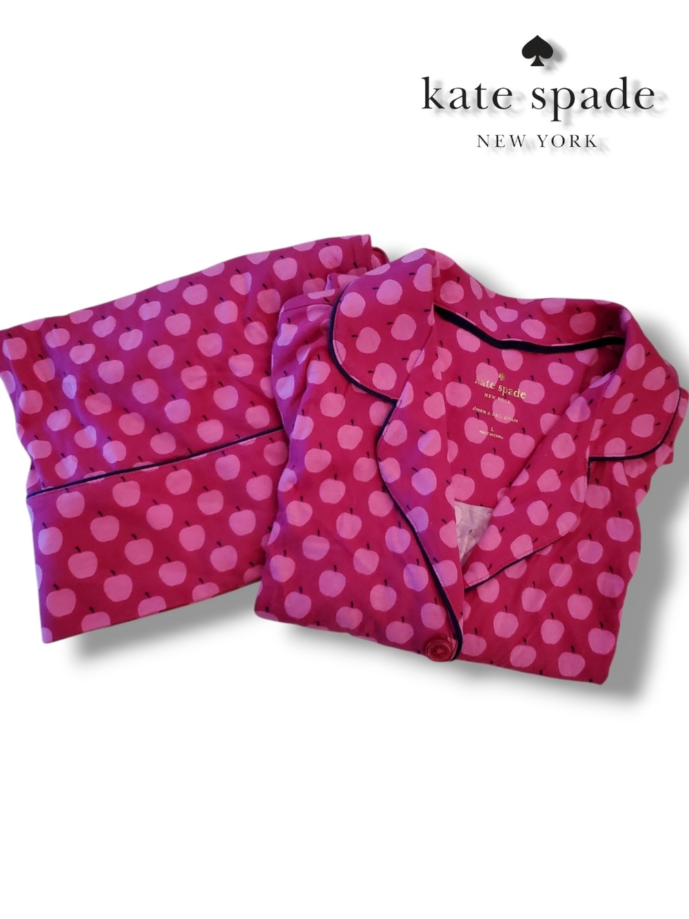 Kate Spade Dream A Little Dream Pink Apple Print Pajama Set - Size Large